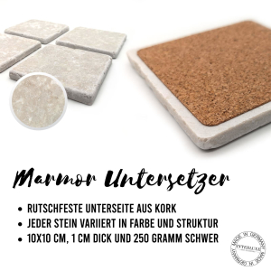 INTERLUXE 4 Stück Marmor Untersetzer - Heimat & Freude - Serie Mohn - Getränkeuntersetzer aus Antikmarmor